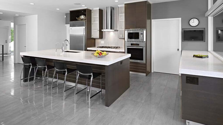 espresso kitchen cabinets with grey floors