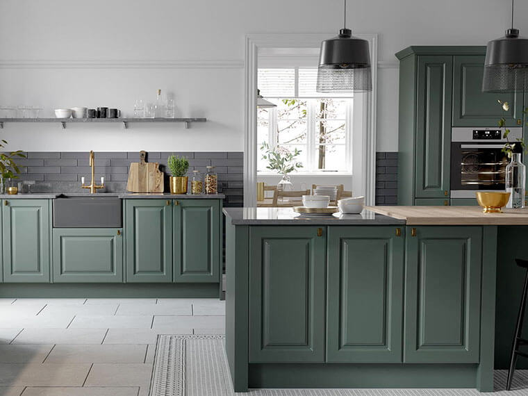 green color cabinets with gray floors